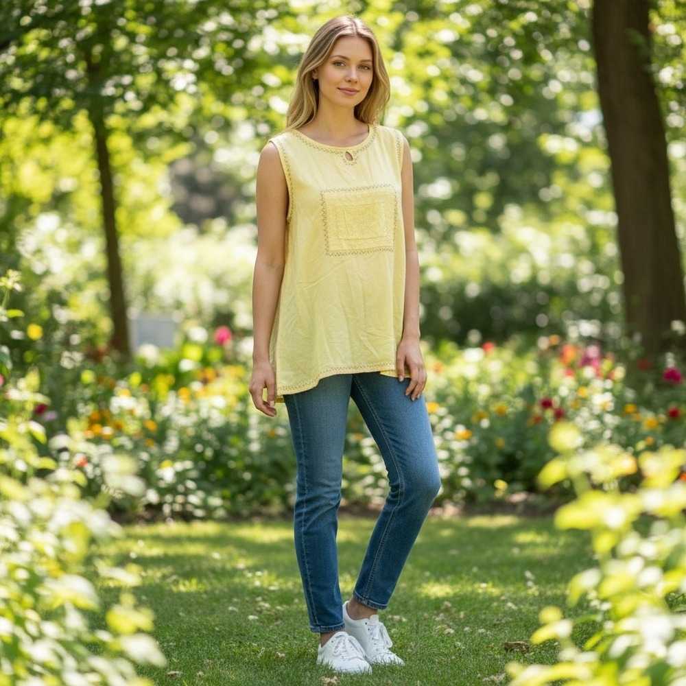 Raya Sun yellow sleeveless top boho resort-inspired apparel vacation XL dopamine